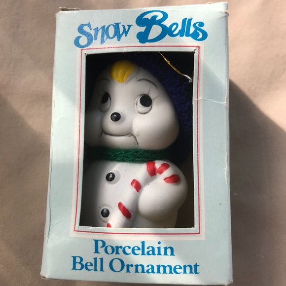 Snow Bells Vintage Ornament Snowman bell with candy cane, knit scarf, and hat - Picture 5 of 7